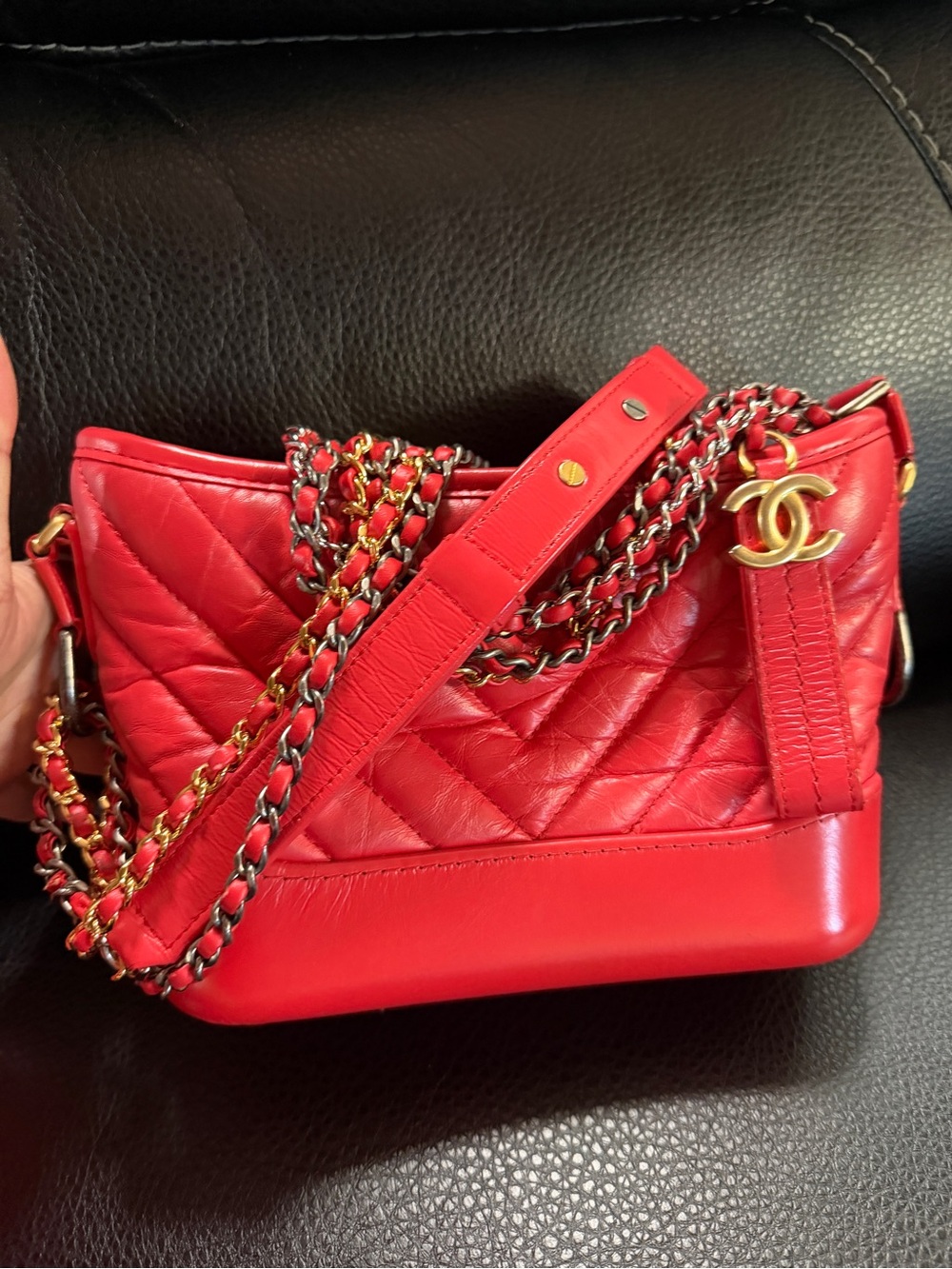 CHANEL Red Quilted Shoulder Bag with Gold CC Charm